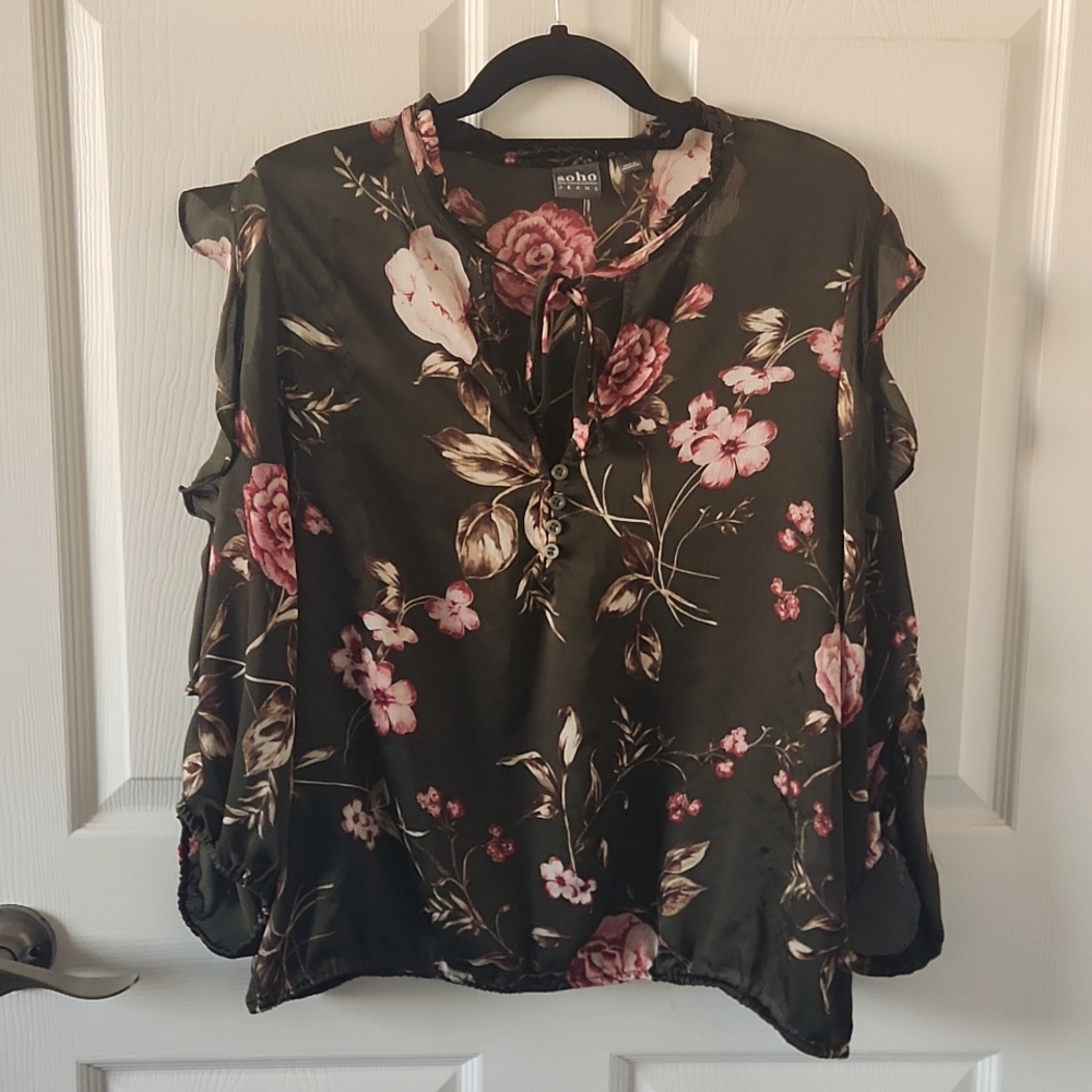 NY & Co Olive Green & Floral 3/4 Sleeve Blouse Large